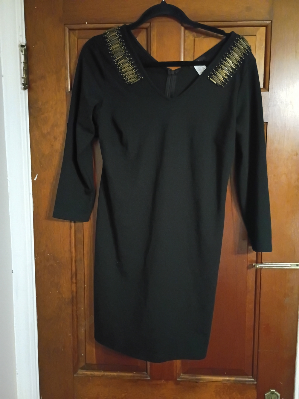 mark. Black V-Neck Long Sleeve Dress with Gold Shoulder Beading